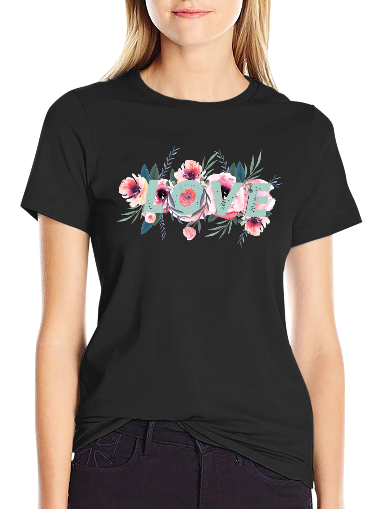 Floral Love Graphic Black T-Shirt