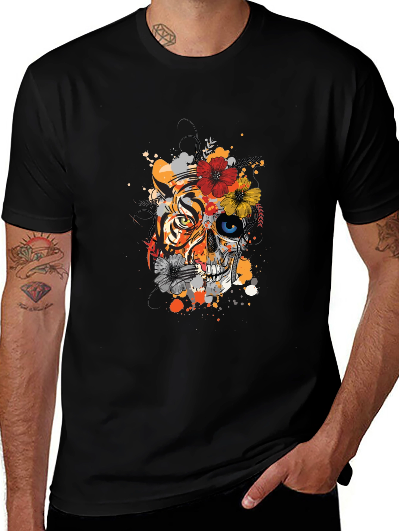Tiger Skull Graphic Tee - Unique Floral Design