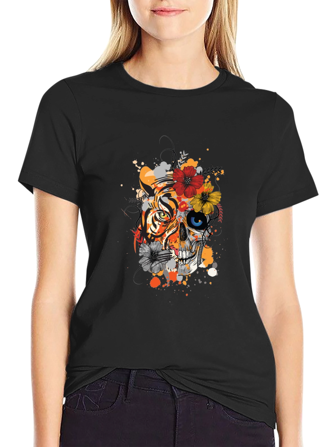 Tiger Skull Graphic Tee - Unique Floral Design