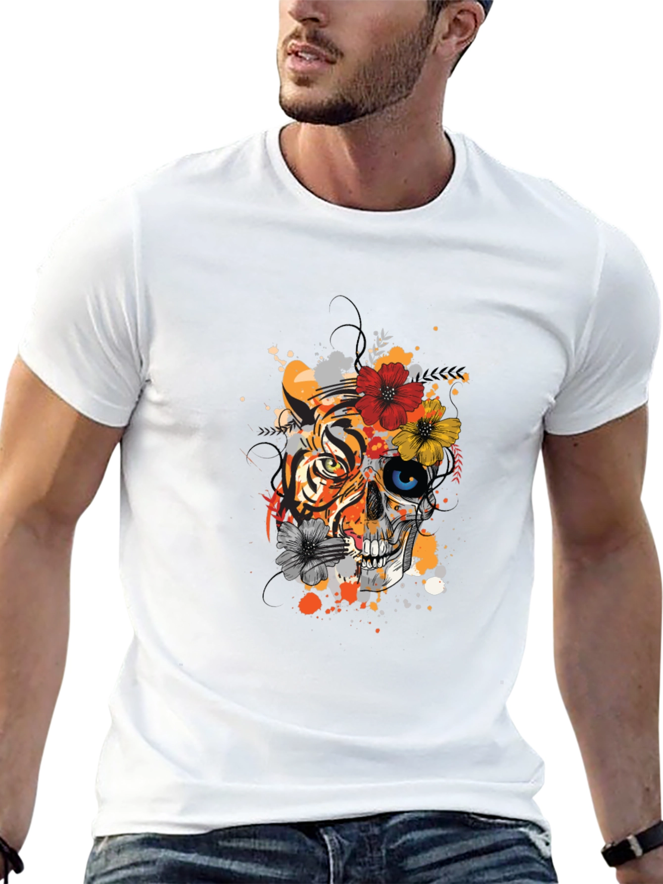 Tiger Skull Graphic Tee - Unique Floral Design