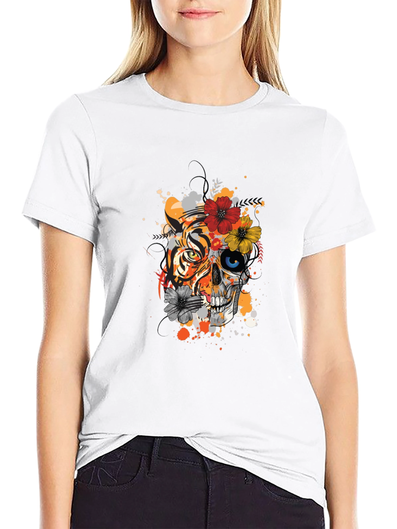 Tiger Skull Graphic Tee - Unique Floral Design