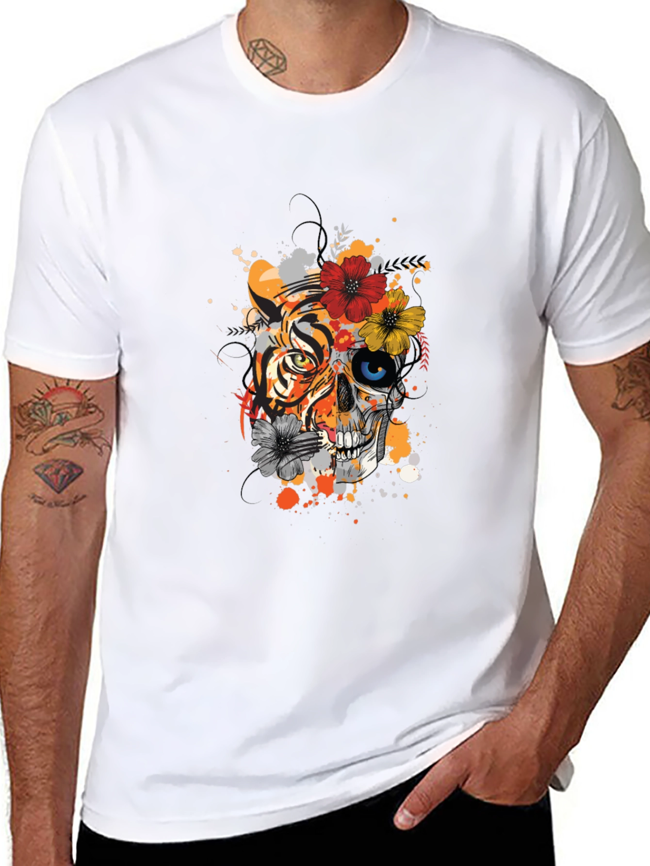 Tiger Skull Graphic Tee - Unique Floral Design