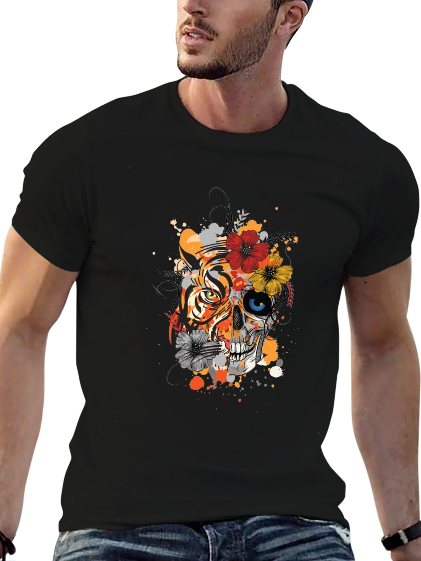 Tiger Skull Graphic Tee - Unique Floral Design